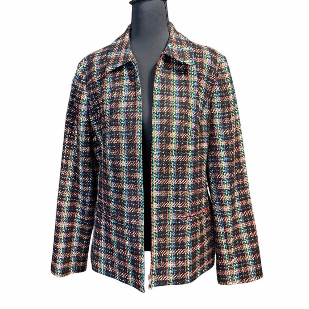 Vintage sag harbor black multicolor zip front blazer jacket size 10 rainbow art